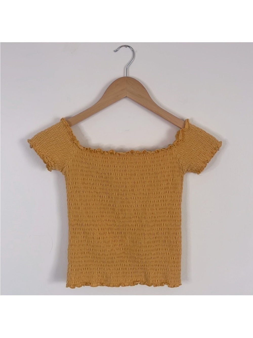 Hollister Mustard Smocked Off-Shoulder Short Sleeve Top